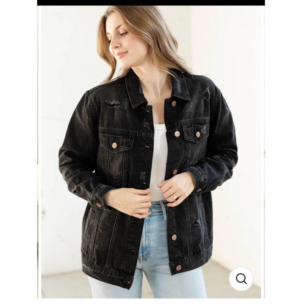 Risen Jeans NWT Black Distressed‎ Oversized Denim Boyfriend Jacket Small S